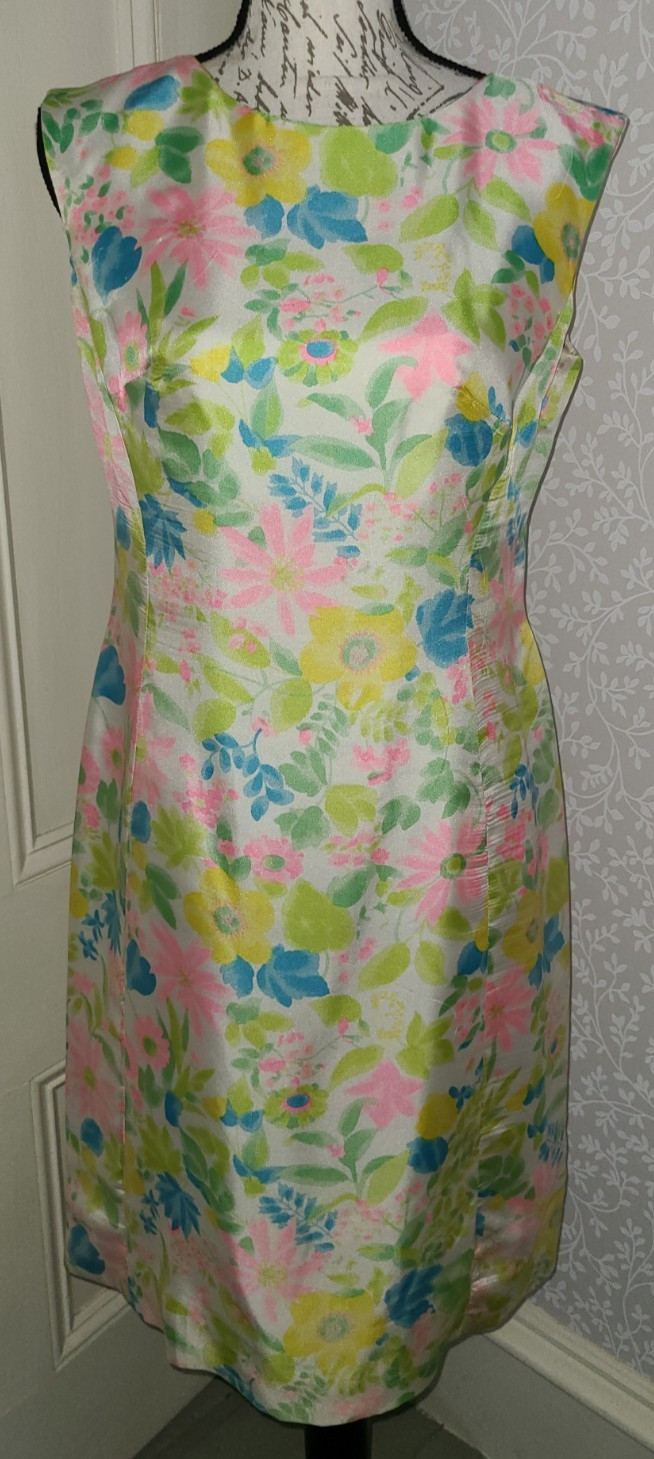 Vtg Nat Kaplan silk mod floral sleeveless sheath dress w jacket, approx size S/M