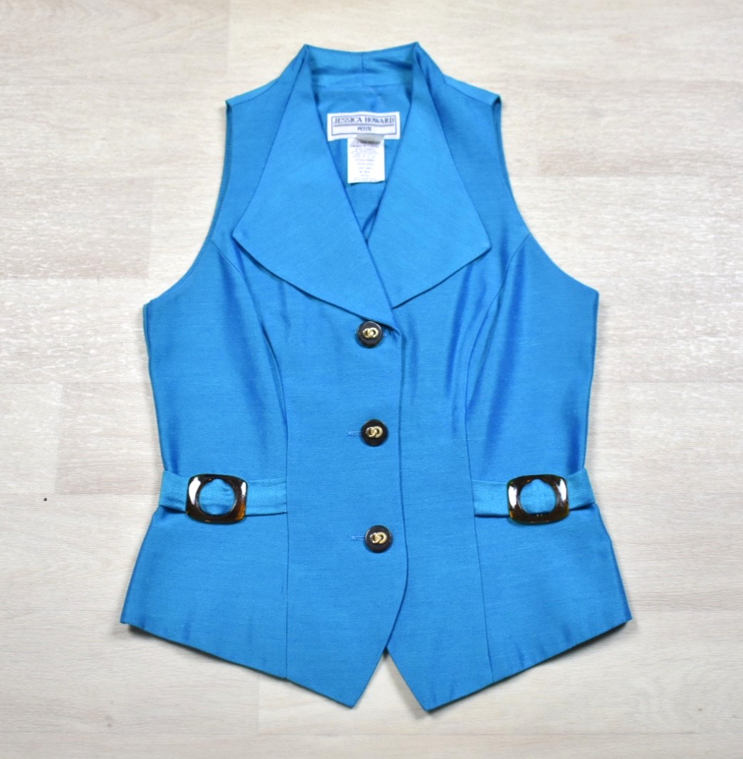 90s Jessica Howard Vest Power Dressing Buckles Womens 4 Petite Blue VTG