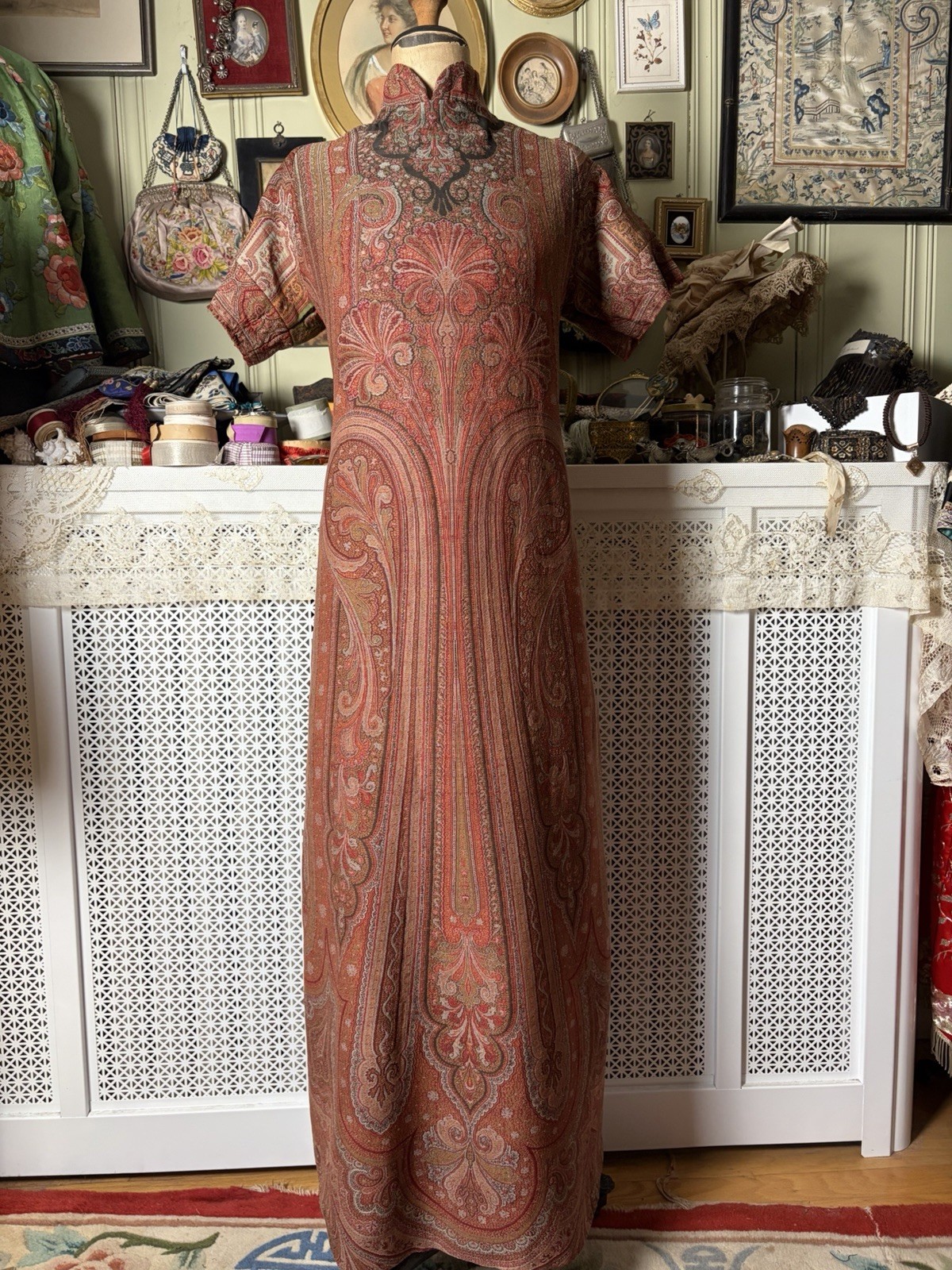 Vintage 1960s Qipao Style Dress, Victorian Paisley Shawl