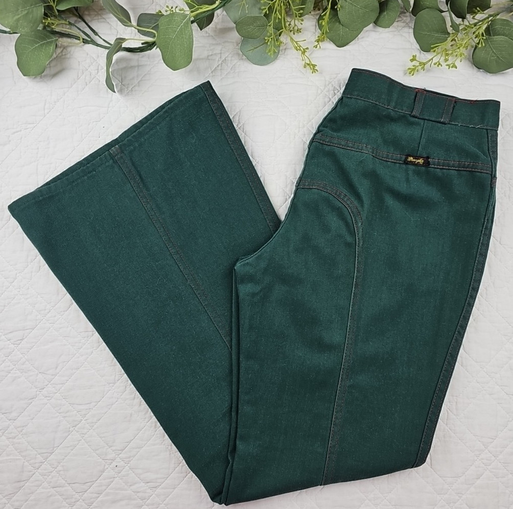 VTG 70’s Wrangler Green Bell Bottom Flare Leg Size 15/16 Made in USA 32″