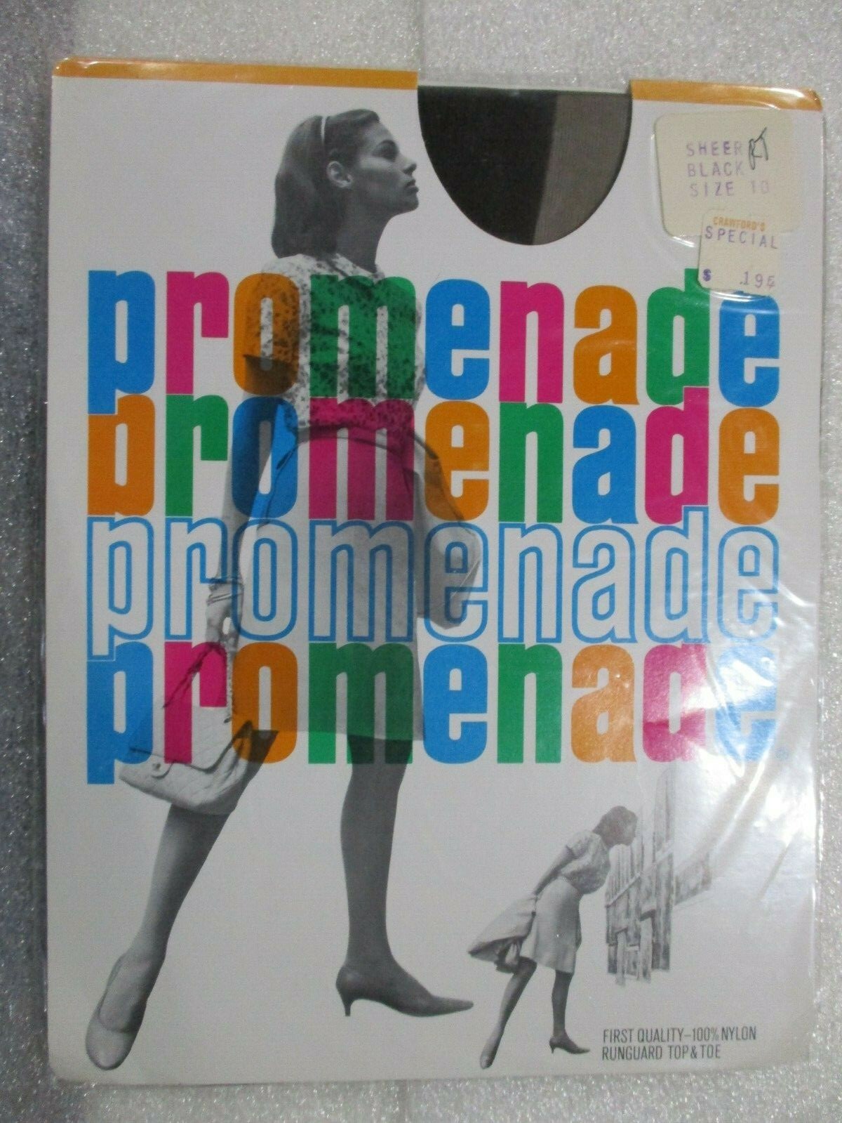 1PR VINTAGE PROMENADE RT SHEER HEEL SHEER NYLON STOCKINGS SIZE 10 MED BLACK