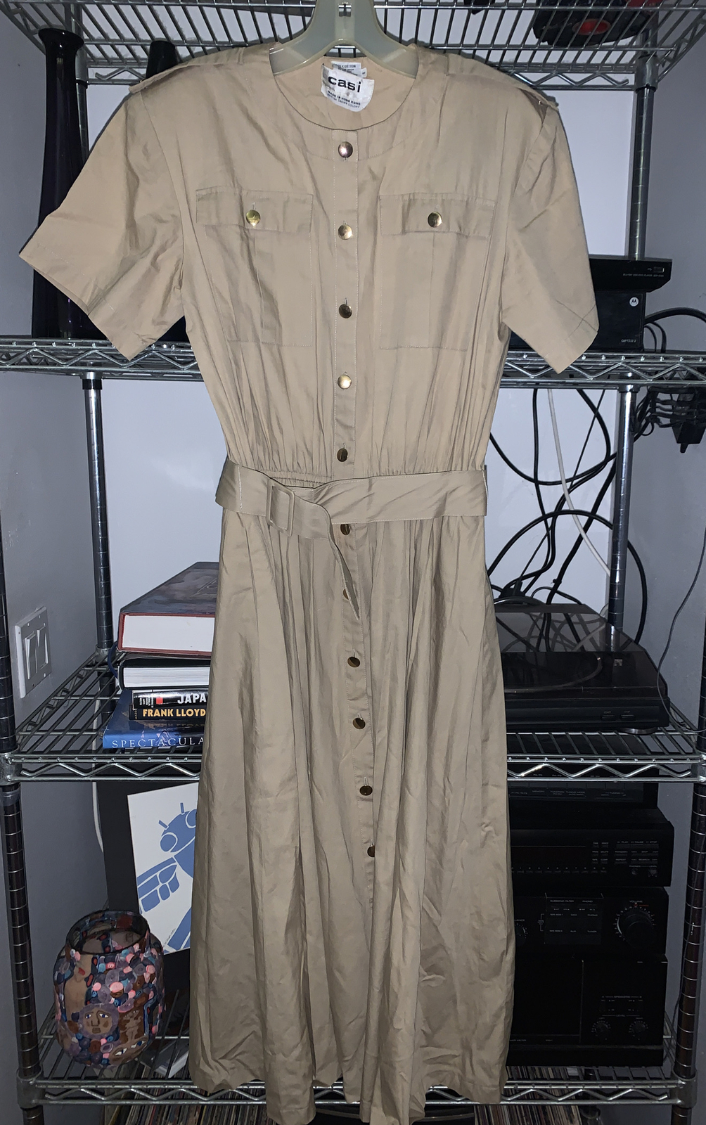 Vtg 70’s Casi Tan Button Down Belted British Crown Colony Safari Dress Size 8