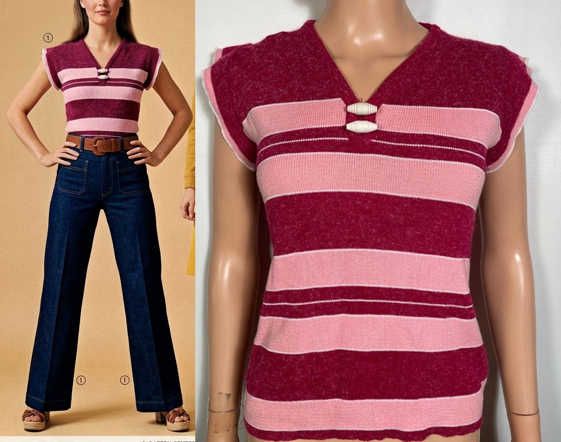 Vintage 1970s Raspberry Striped Knit Top Size M