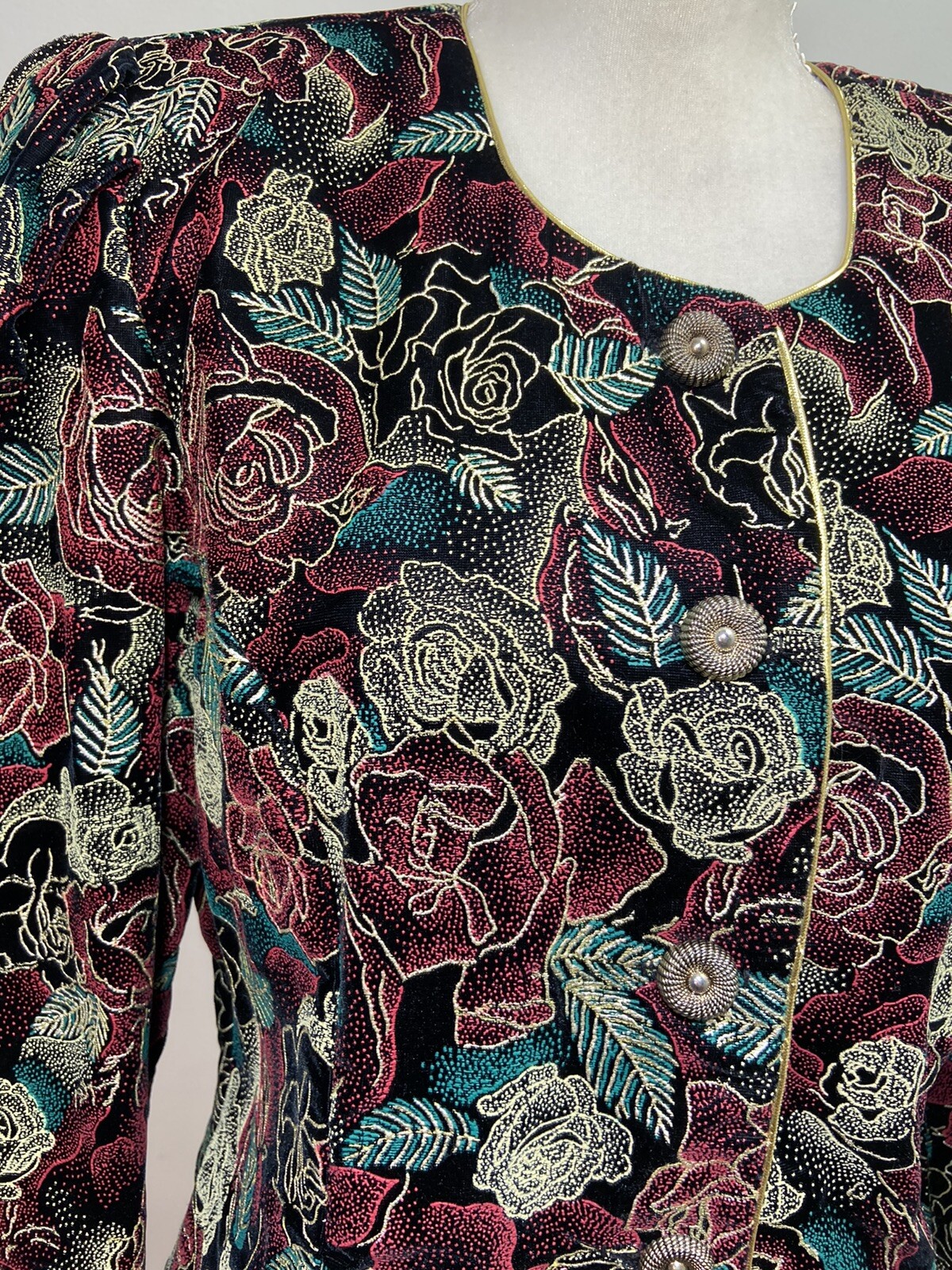 Another Thyme Vintage Multi Color Floral Puffed Sleeve Blazer Size 14 Textured