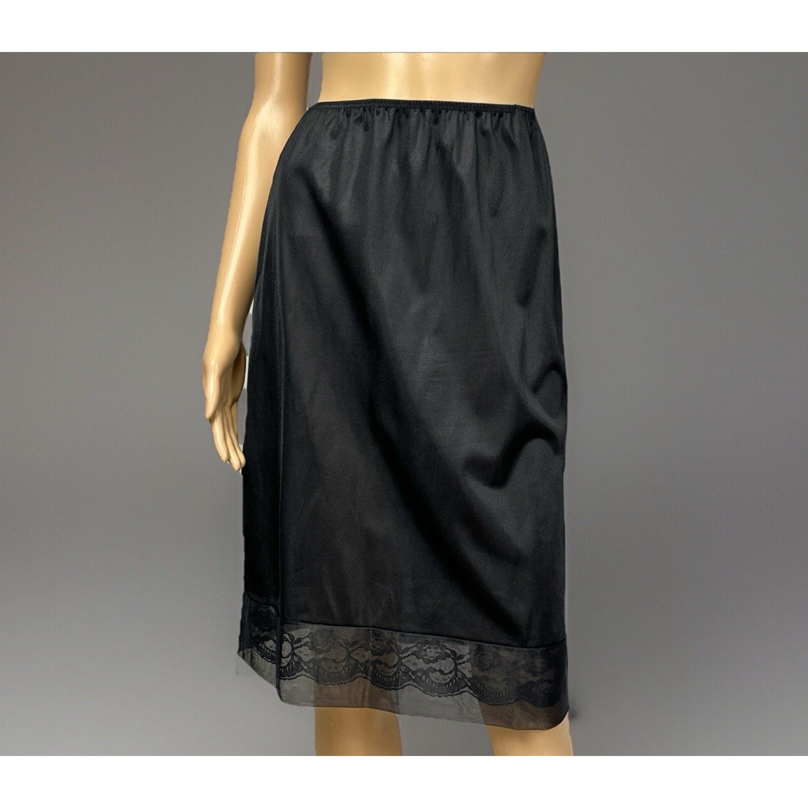 Vintage Movie Star Half Slip Size Small Black Nylon Sandwich Lace Illusion Lace