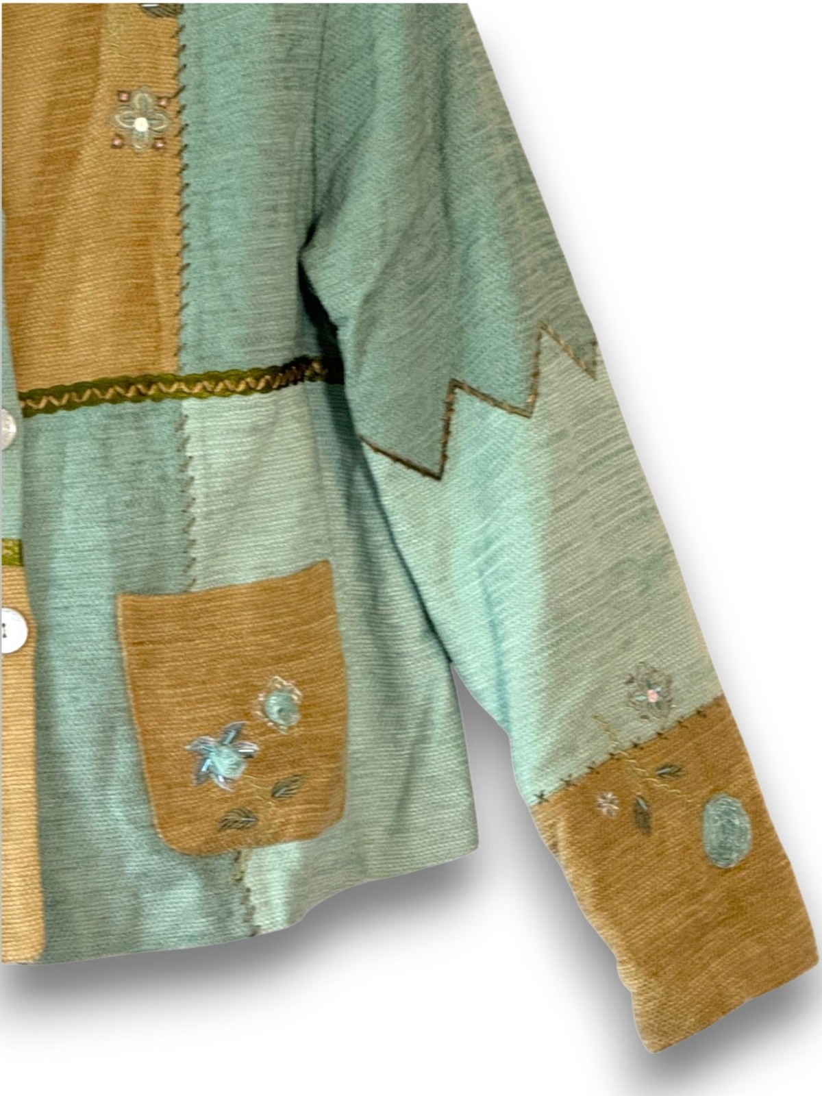 Vintage Napa Valley Petites Patchwork Jacket Size Large Blue Tan Floral Embroide