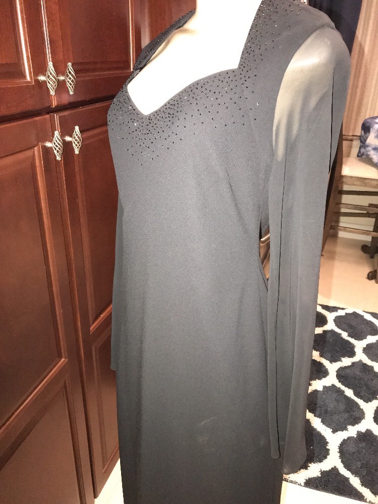VTG EVAN PICONE BLACK SHEER SLEEVES LINED Dress BEADED SIZE MED xts