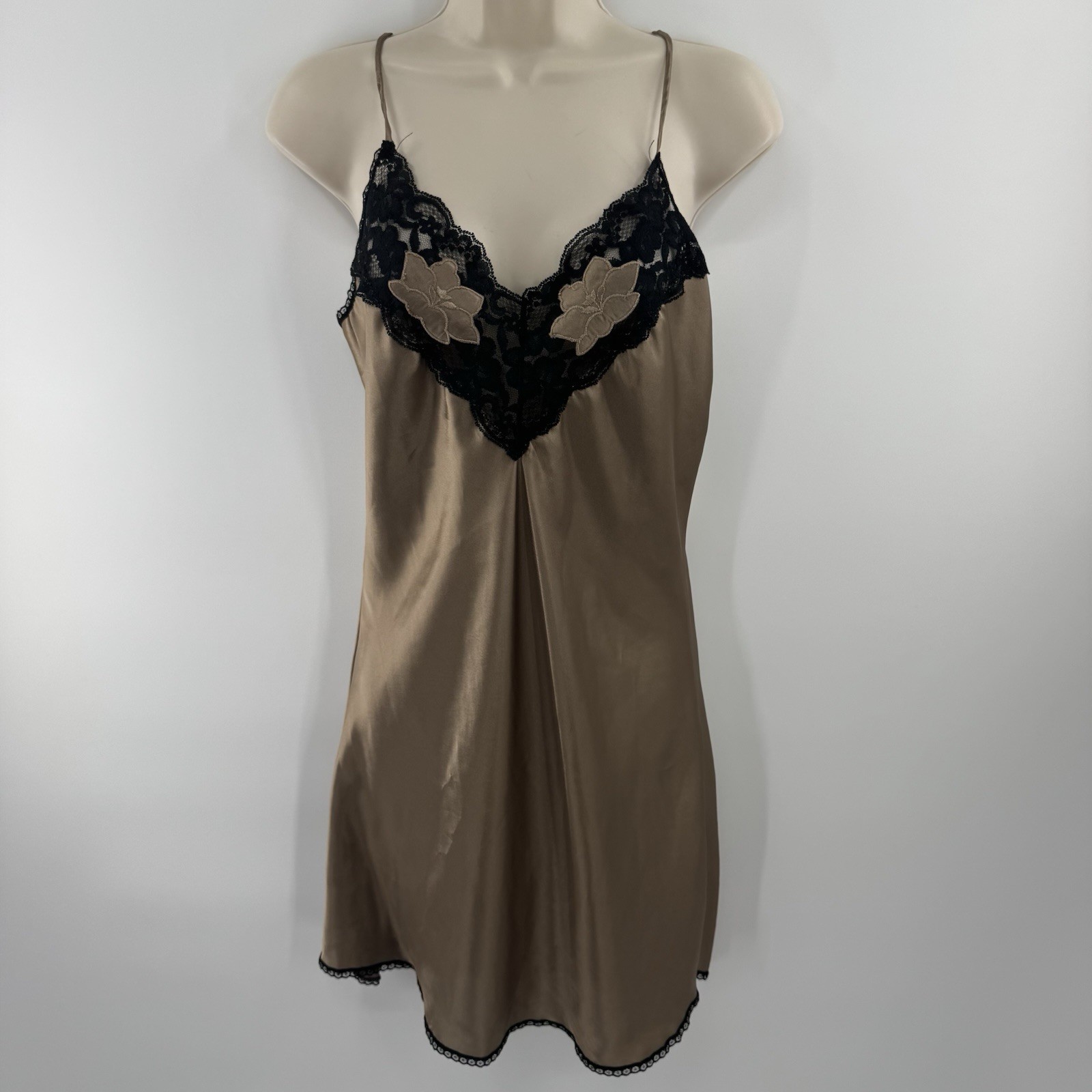 Vintage Pollinaise Satin Slip Dress Brown with Black Lace Floral USA Size M (P1)