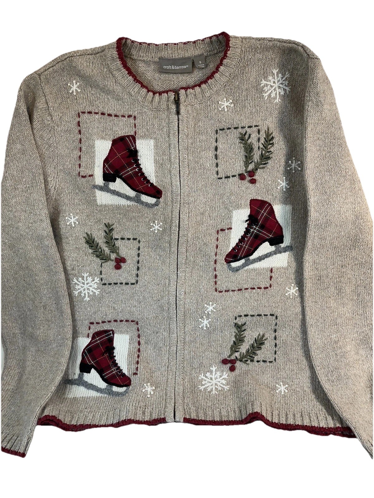 Croft & Barrow Womens Sweater Size Small Tan & Red Zipper Ice Skates Winter VTG