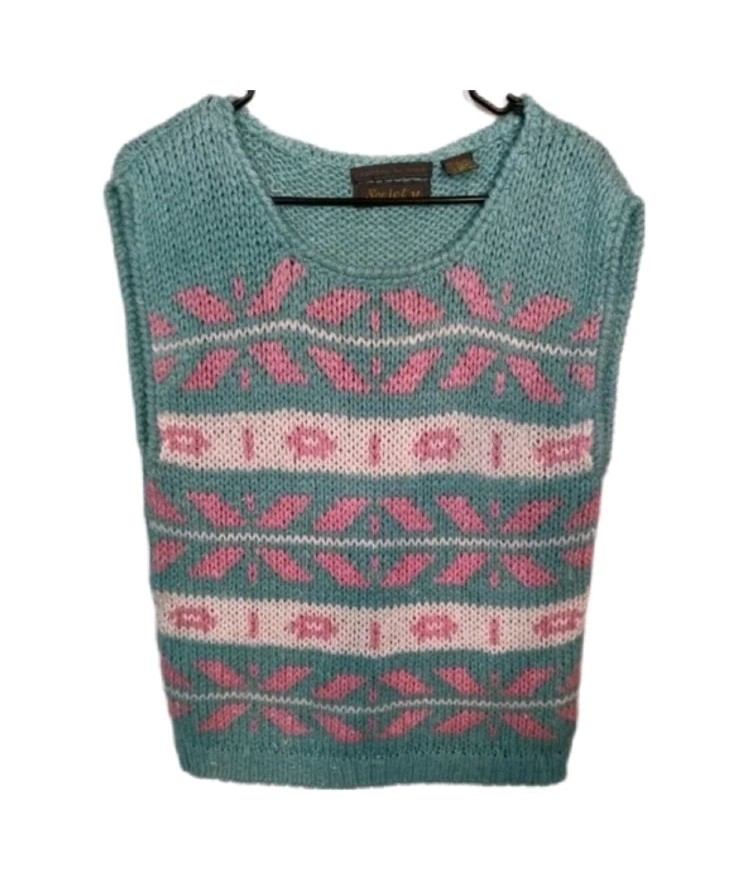 Vtg 70/80s Handmade Society Cottagecore Fair Isle Aqua Pink Knit Sweater Vest L