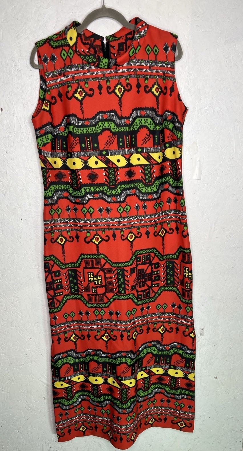 Vintage Boho Mod Maxi Aztec Geometric Retro Handmade Dress Woman’s Sz Large