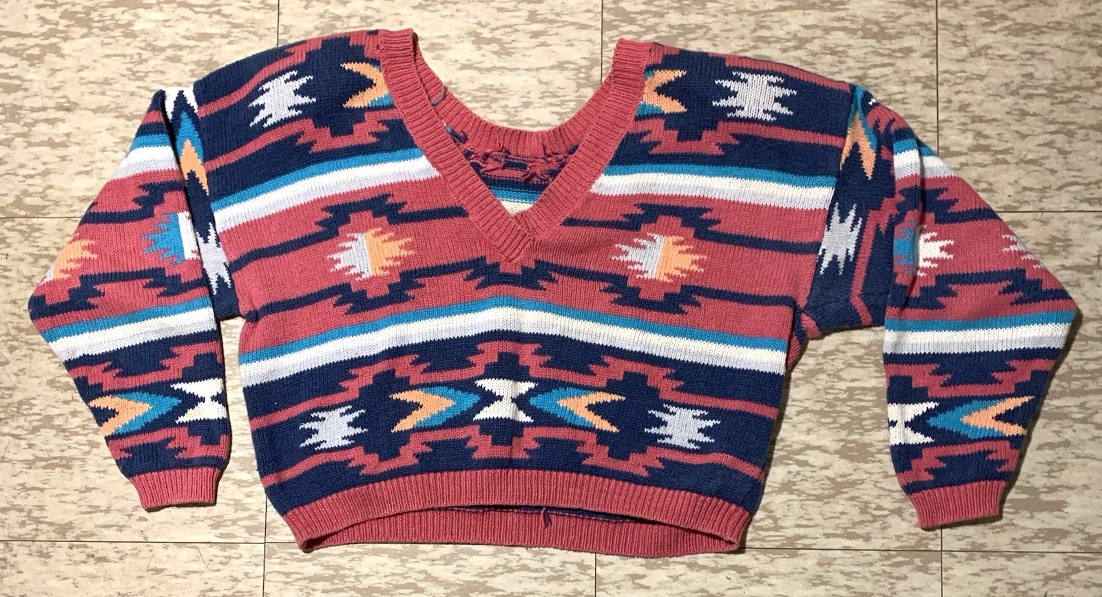Vintage 80s Nuovo Womens Cropped Sweater Aztec Southwestern Large Ramie/Cotton