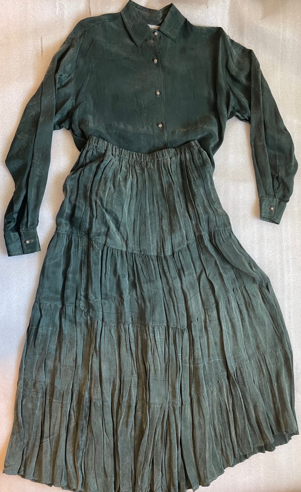 VINTAGE SKIRT & BLOUSE: BROOMSKIRTS, WOMEN’S M, GREEN, STERLING SILVER BUTTONS