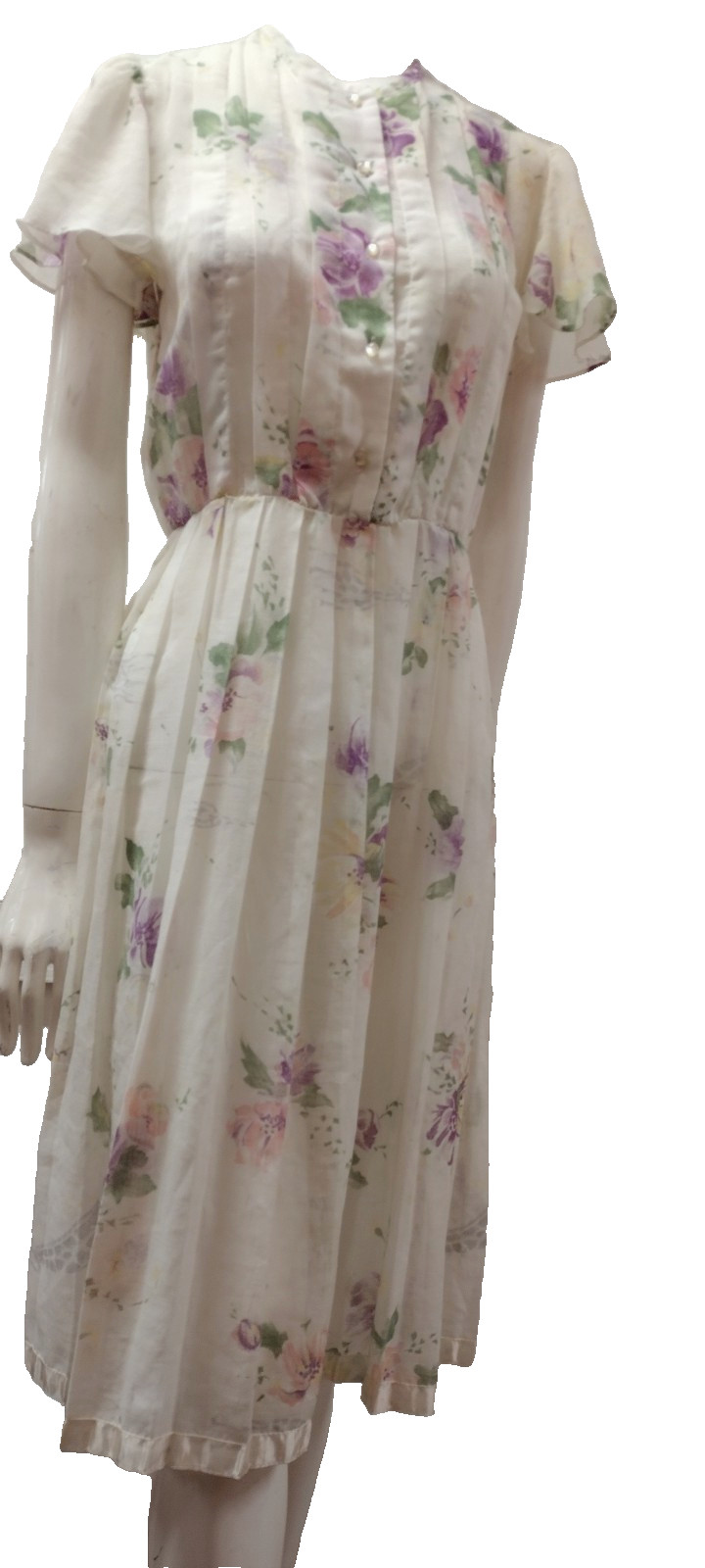 1970s White Sheer Dress Giraffes Flutter Sleeves Satin Pearl White S/M