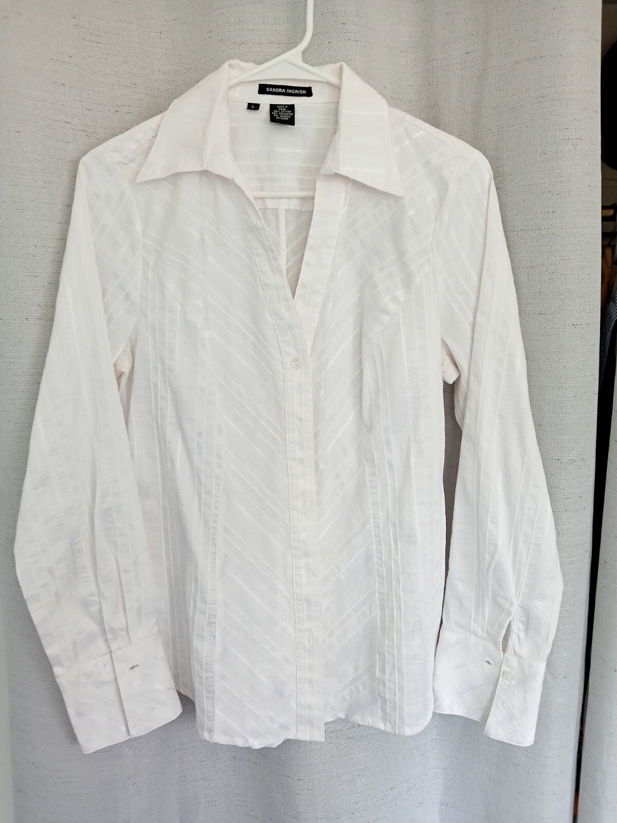 Vintage Sandra Ingrish Crisp White Shadow Stripe Button Up Blouse, Long Sleeve L