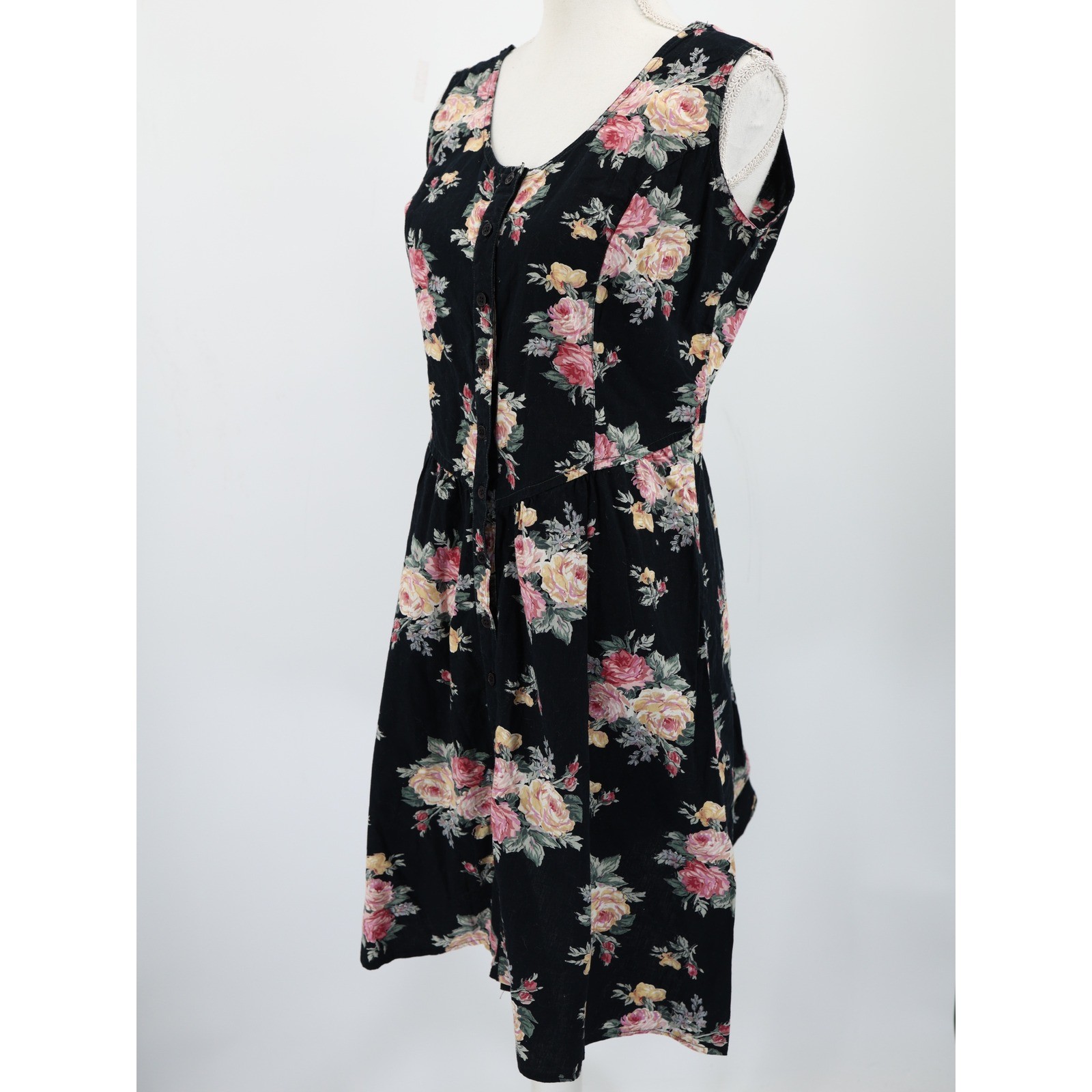 Vintage Starina Floral Cotton Midi Dress Black Rose Cottagecore Nepal Size L
