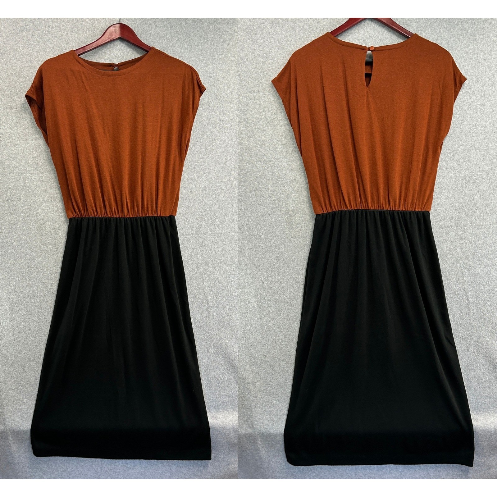 Jean Leslie Dress Rust Black Colorblock Cap Sleeve Midi Vintage Womens Size 12M