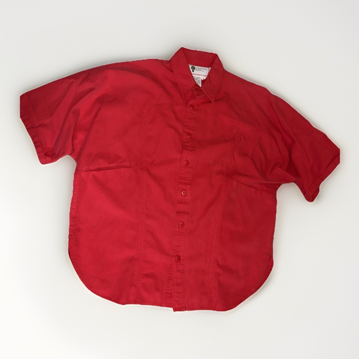 Vintage Organically Grown Red Blouse Button Up Shirt Cotton Large Boxy *Spots
