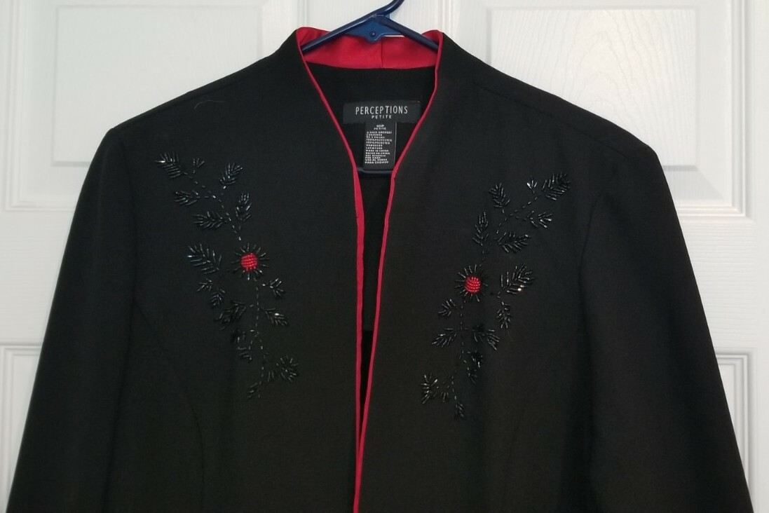 Vintage 90’s PERCEPTIONS Black & Red Beaded Long Sleeve Jacket Women’s Size 10P