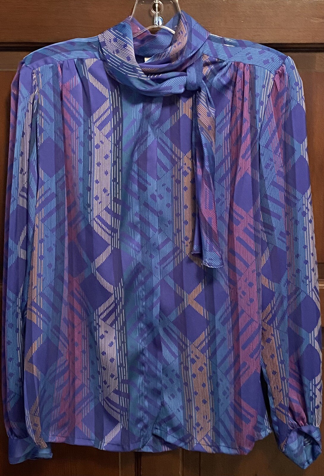Vtg 80s Nicola Satin Polyester Purple Geometric Secretary Tie Mom Top M Sz 12