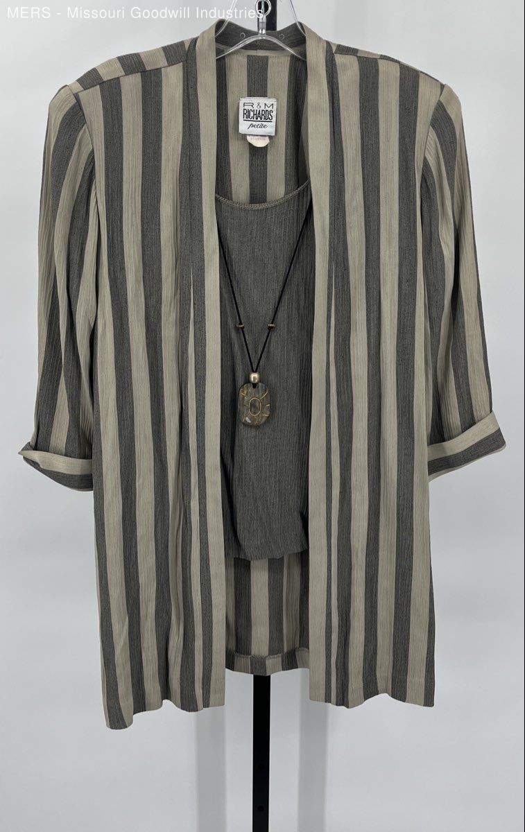 R M Richards Womens Gray Beige Striped Open Front Jacket Blazer Petite Size 12P