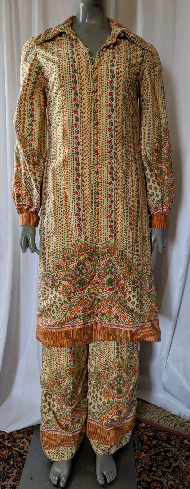VTG 60s-70s Oscar De La Renta Boutique Psychedelic Print Tunic Wide Leg Pants S