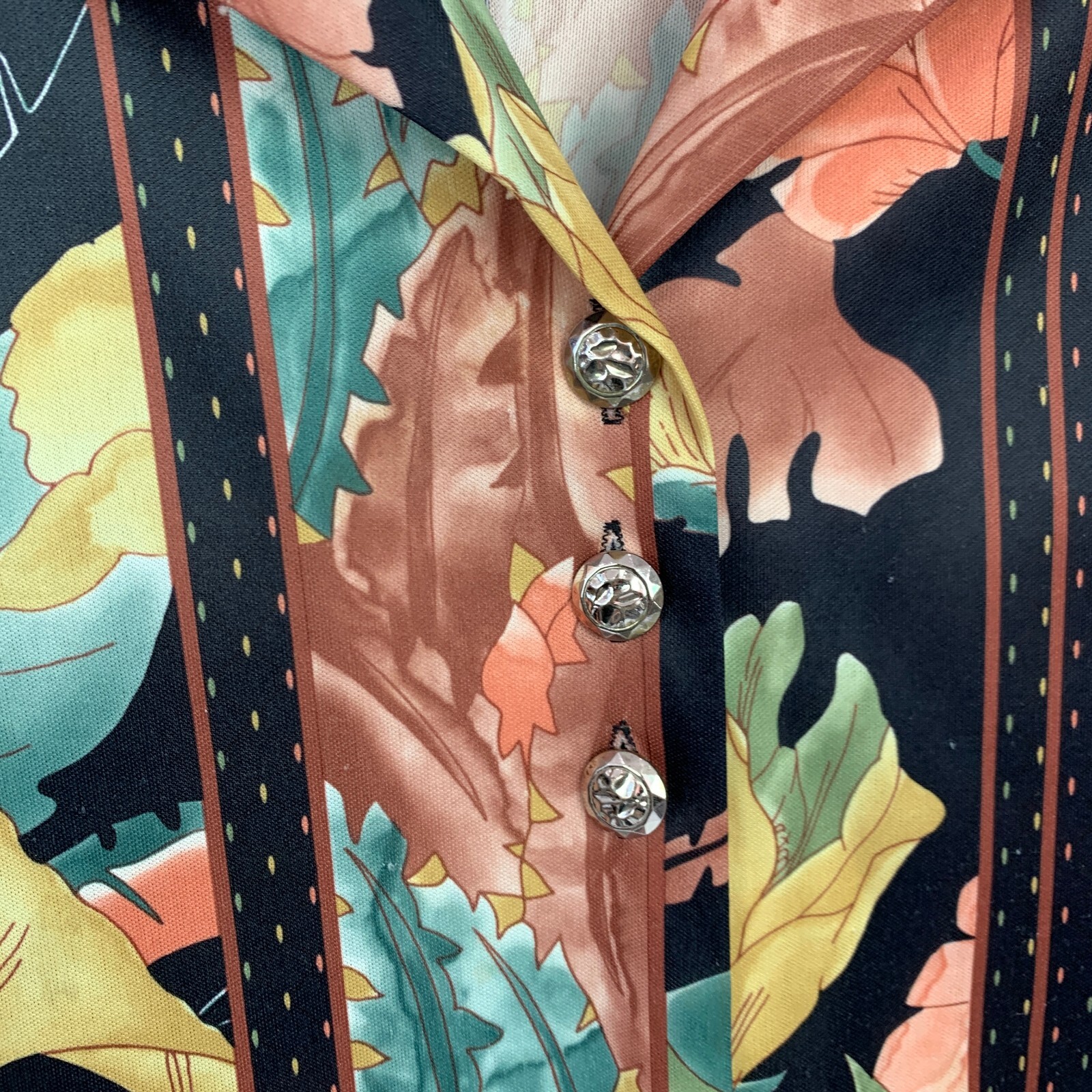 Vintage 70s Village Fair Abstract Floral Slick Button Up Shirt Bust 42″