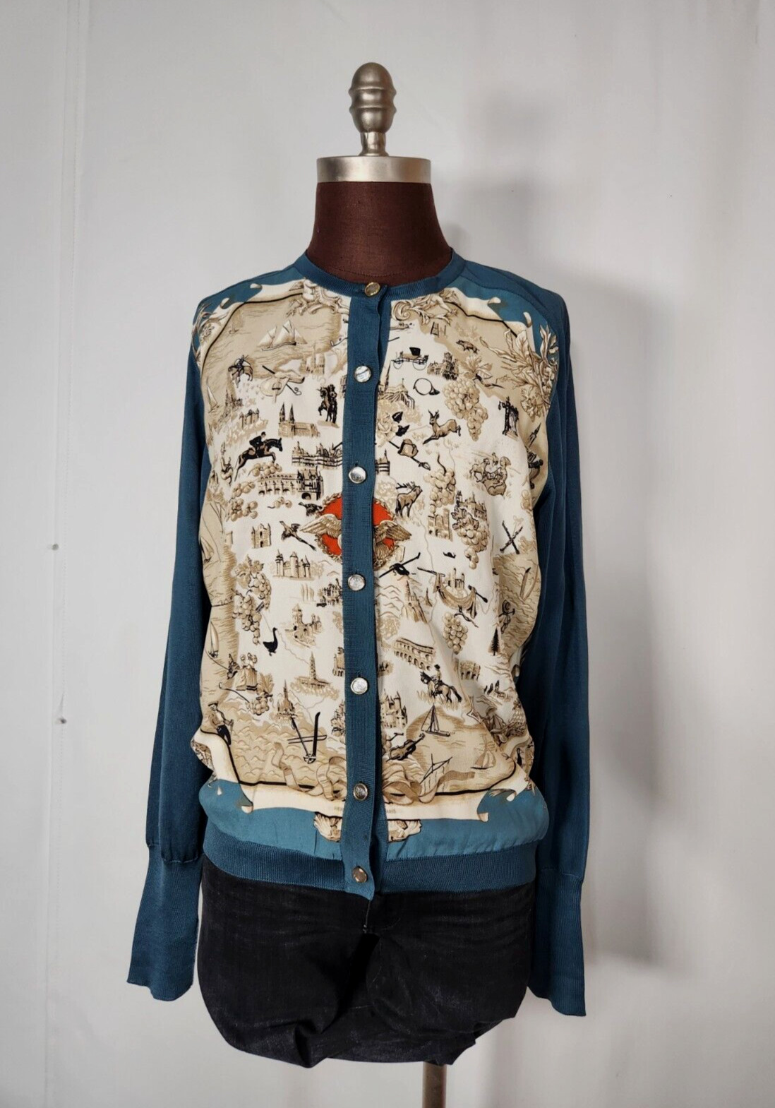 Hermes Paris Silk Panel Cardigan Button Up Sz 40 Turquoise Blue Print Vintage