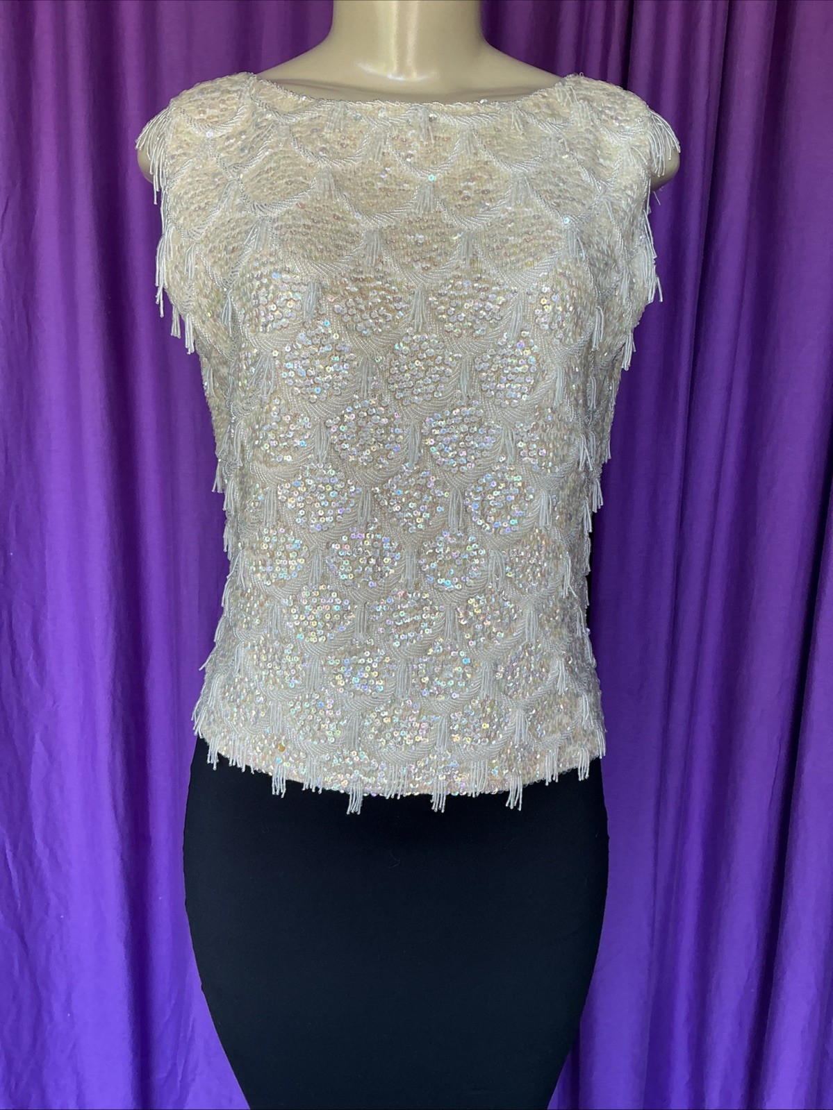 TRUE VINTAGE HongKong Ivory Wool Beaded Sequined Sleeveless Sweater Size M *Mint