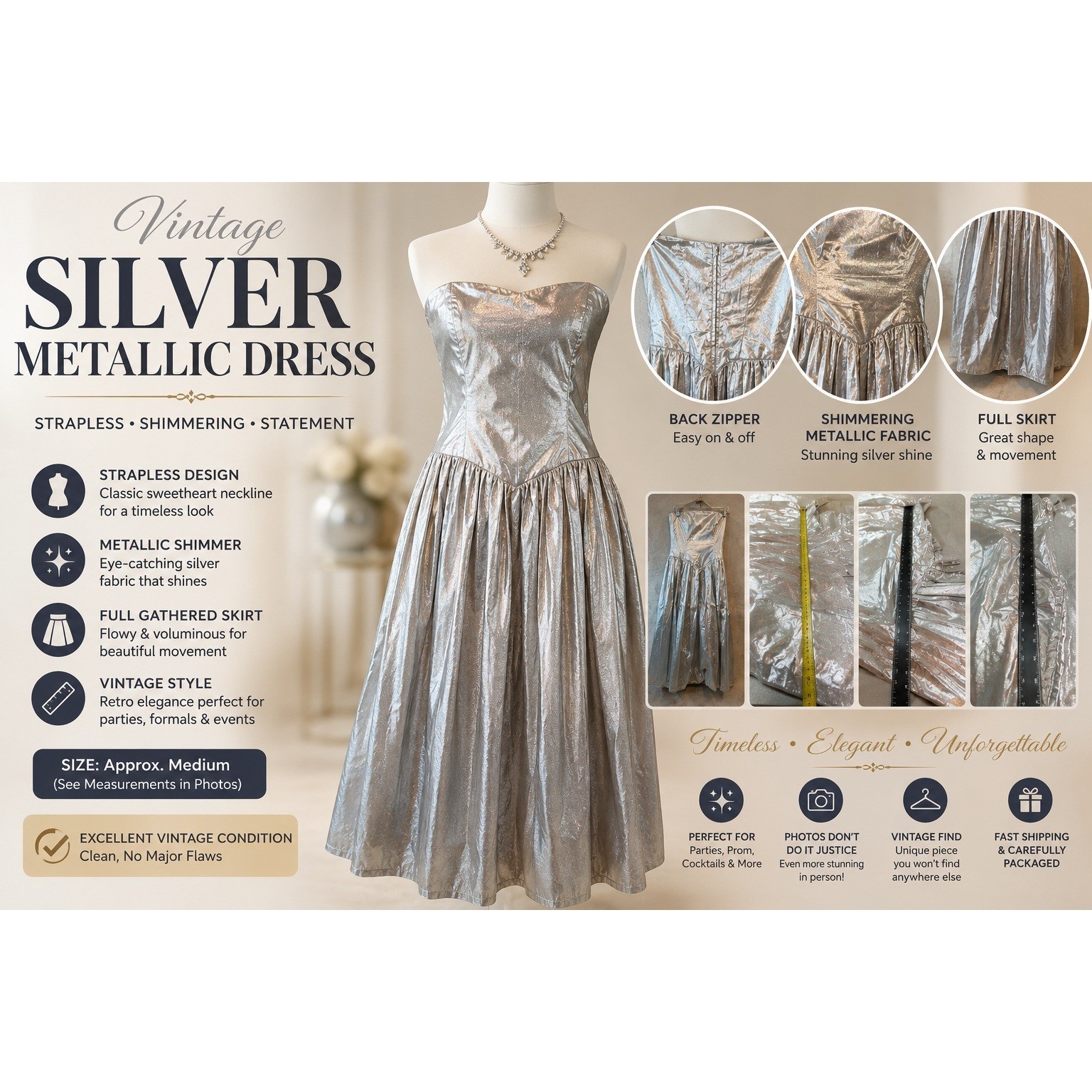 Vintage Silver Metallic Strapless Dress Sweetheart Full Skirt Prom Party Medium
