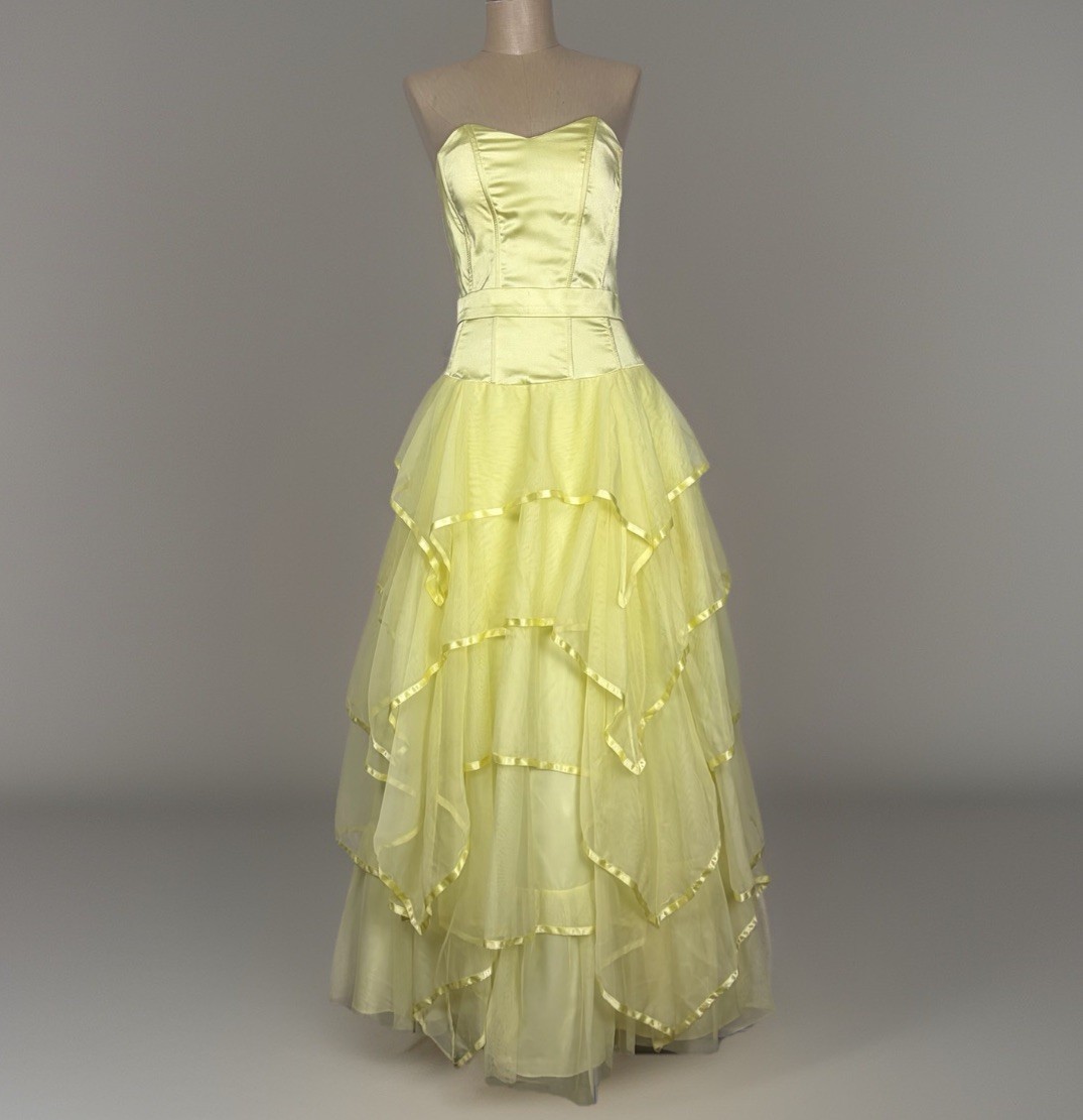 Tulle Boned Corset Strapless Cupcake Tiered Ruffle Formal Dress Yellow Size 9/10