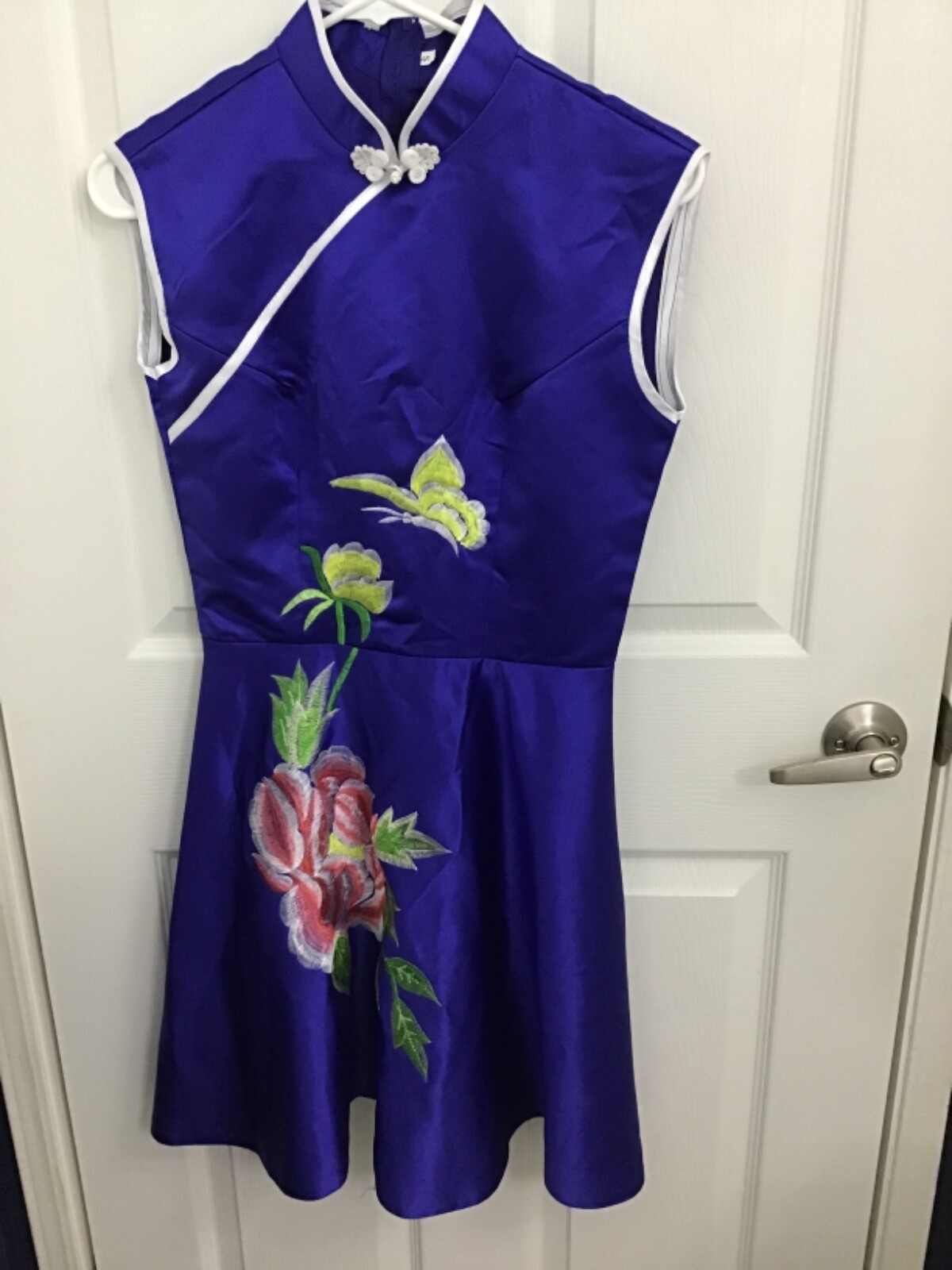 Vintage Blue Butterfly & Flowers Embroidered Asian Oriental Lined Dress Size S