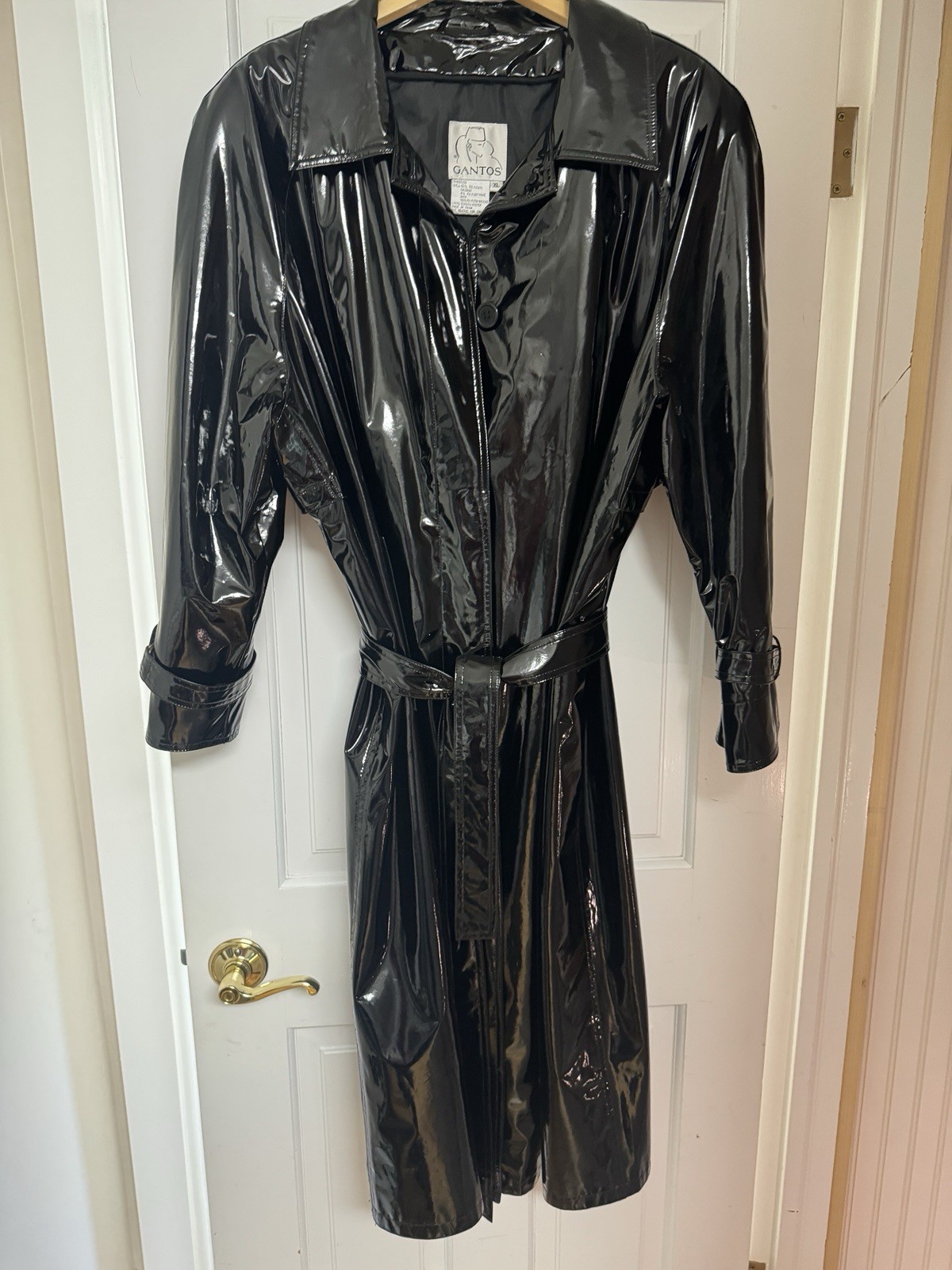 VINTAGE Slick Black Maxi Belted Trench Coat GANTOS USA Goth WM XL