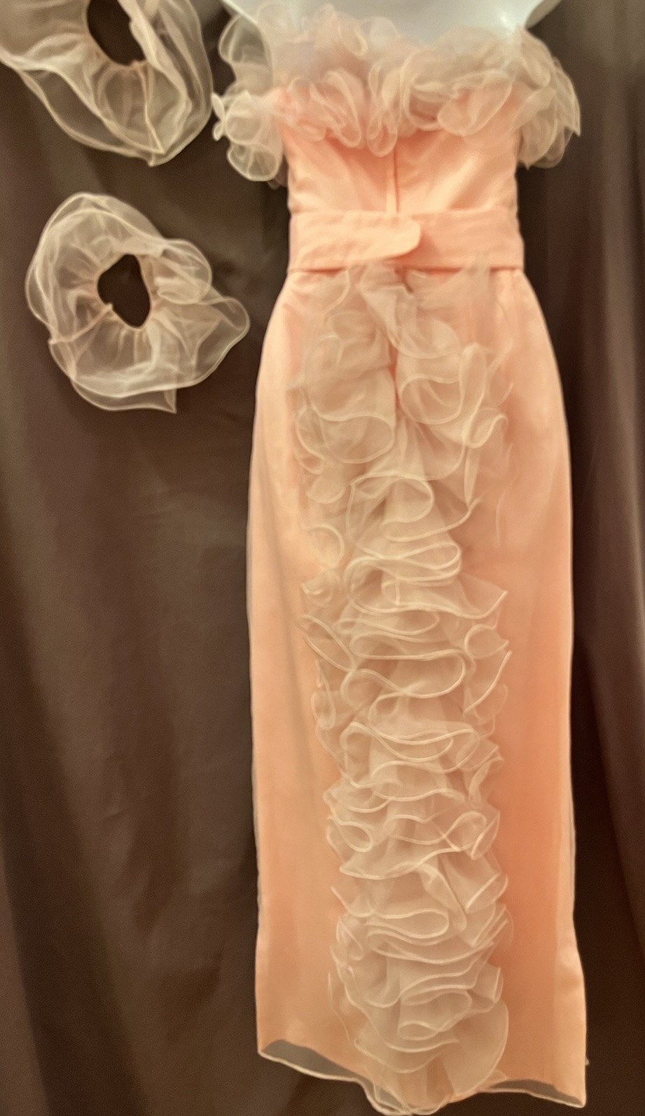 VTG Princess Baby Pink Gauzy Organza Bustle Ruffle Edwardian Formal Prom Dress S