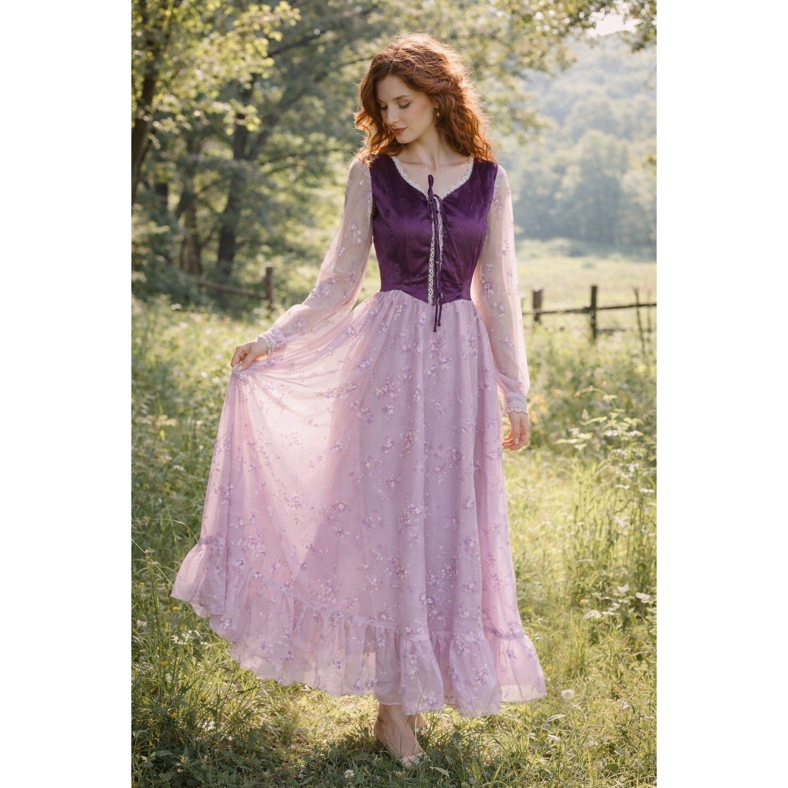 Vintage Prairie Maxi Dress Purple Floral Lace Boho Cottagecore Romantic Festival