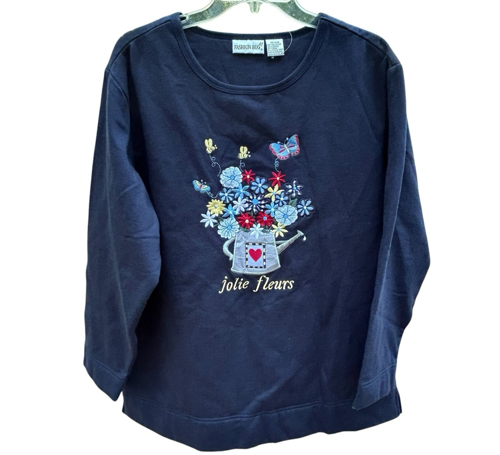 Vtg Fashion Bug Navy Blue Floral Butterfly Embroidered Pullover Sweatshirt-14/16