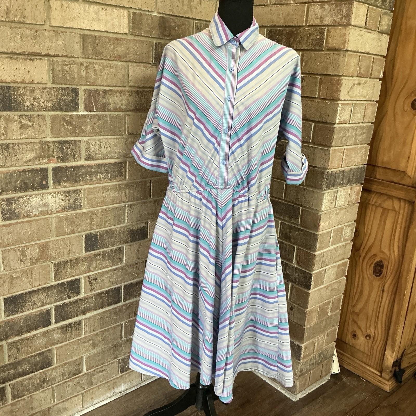 VINTAGE American Shirt Dress Pastel Stripe Button Midi USA Women’s Sz 15/16 #1D9
