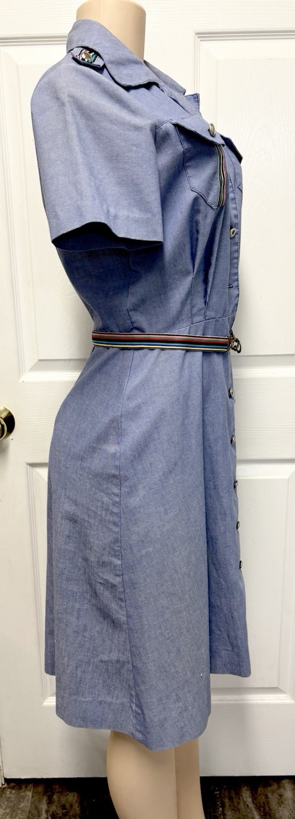 Vintage 70s Sears Fashions Chambray Safari Shirt Dress Belted Rainbow Trim