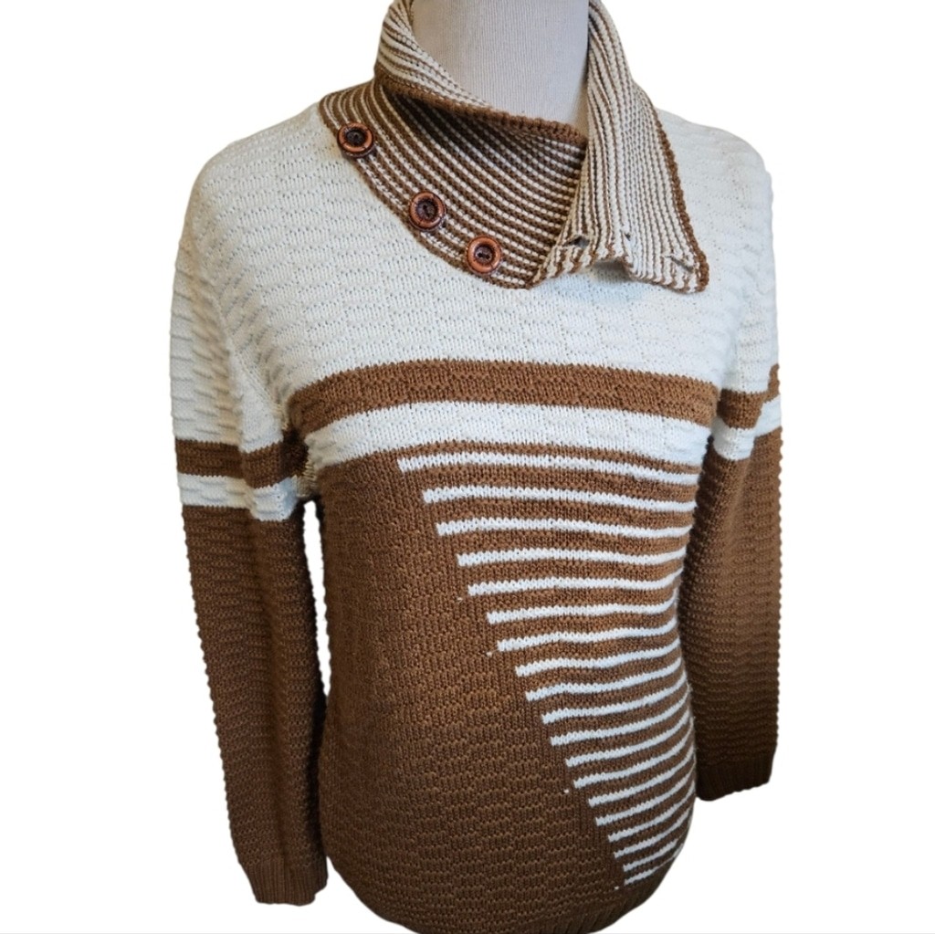 Vintage RIAH Brown and Cream Striped Sweater with Button Collar size S
