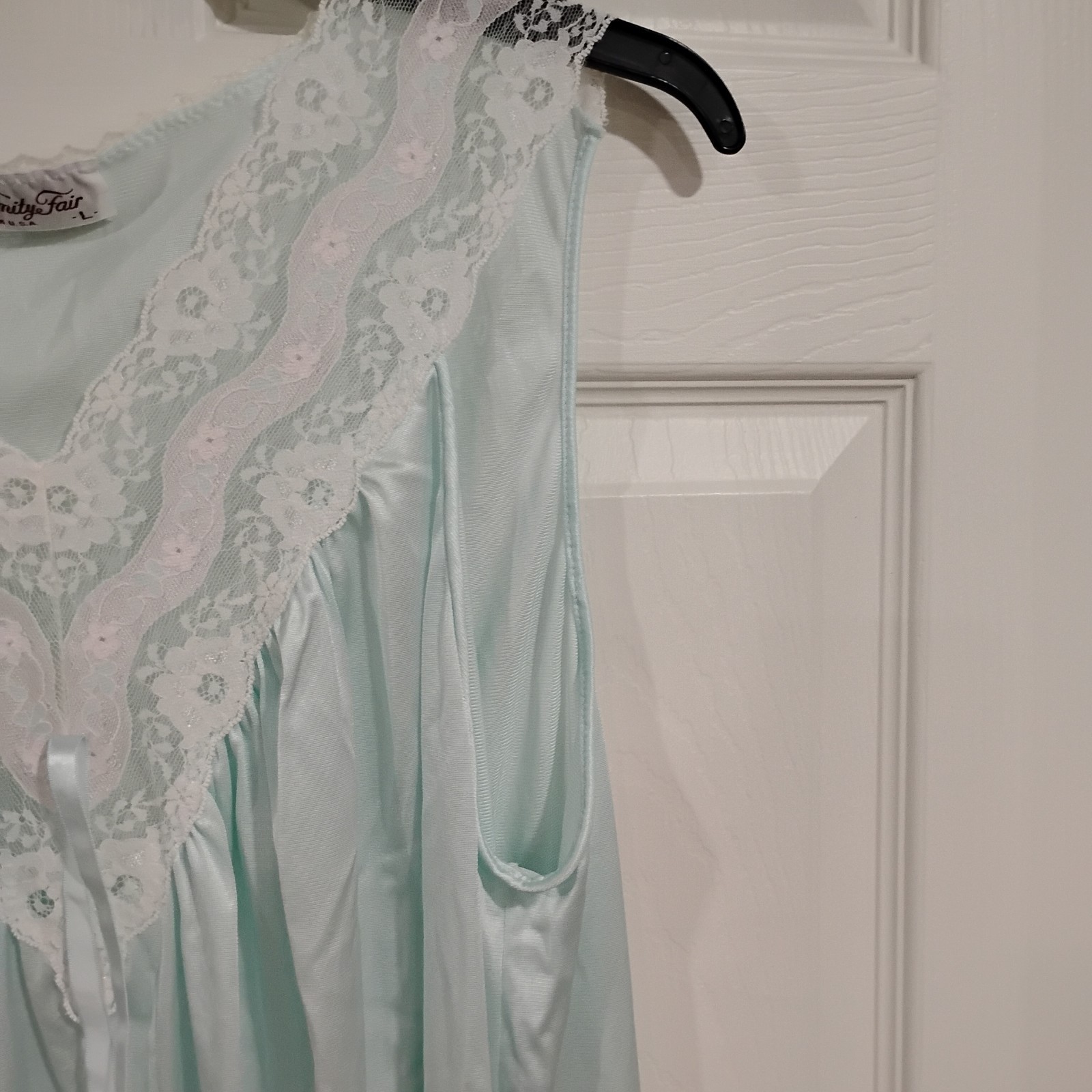 Vintage Vanity Fair Light Blue Silky Nightgown Size Large Lace Trim Midi