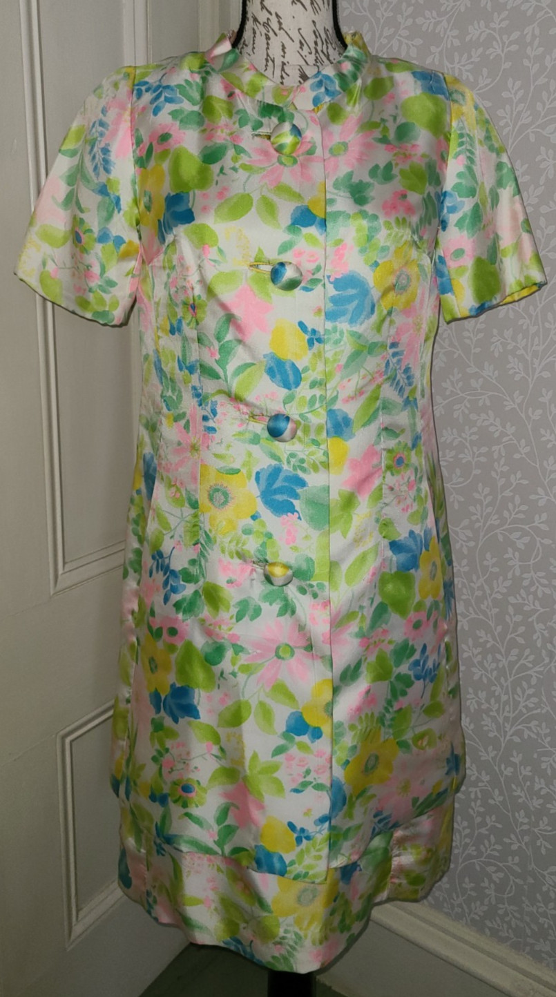 Vtg Nat Kaplan silk mod floral sleeveless sheath dress w jacket, approx size S/M