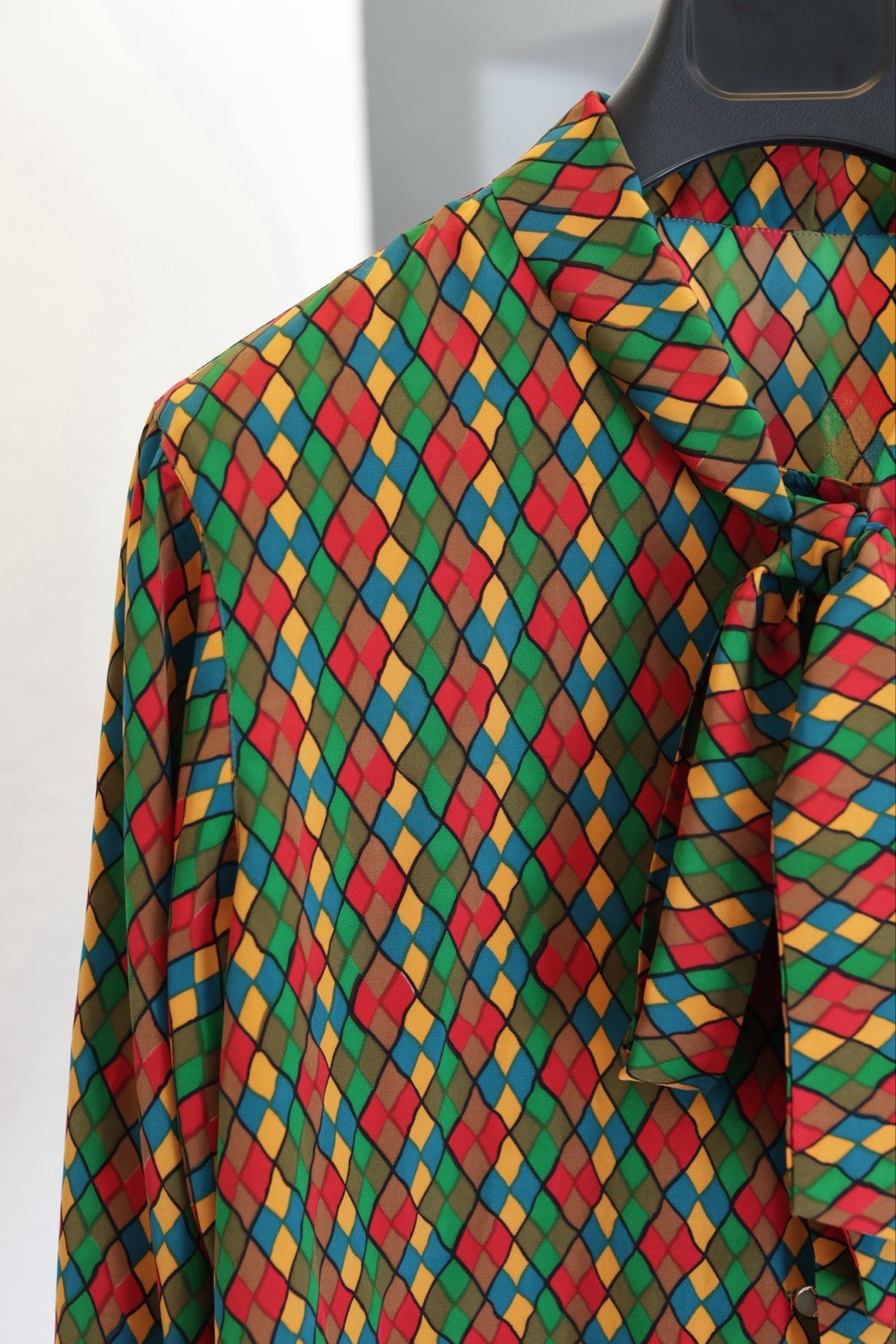 Vintage Multicolor Geometric Pattern Bow Tie Neck Blouse size M-L