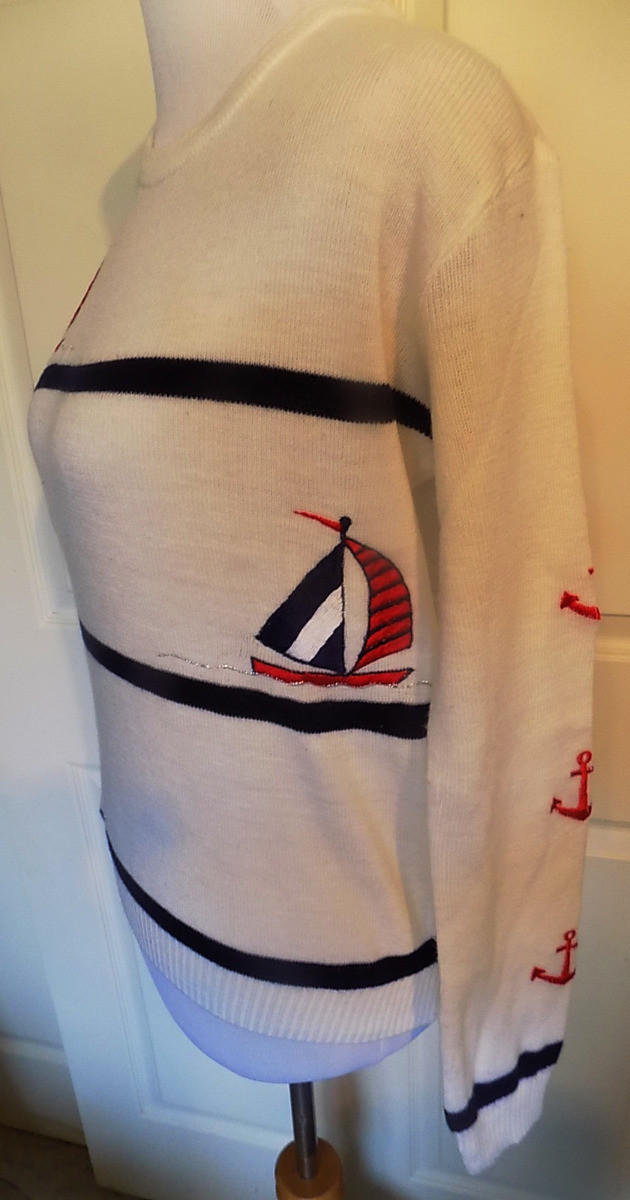 Vintage White Acrylic Sweater Embroidered Sailboats Cyn Les XL B42