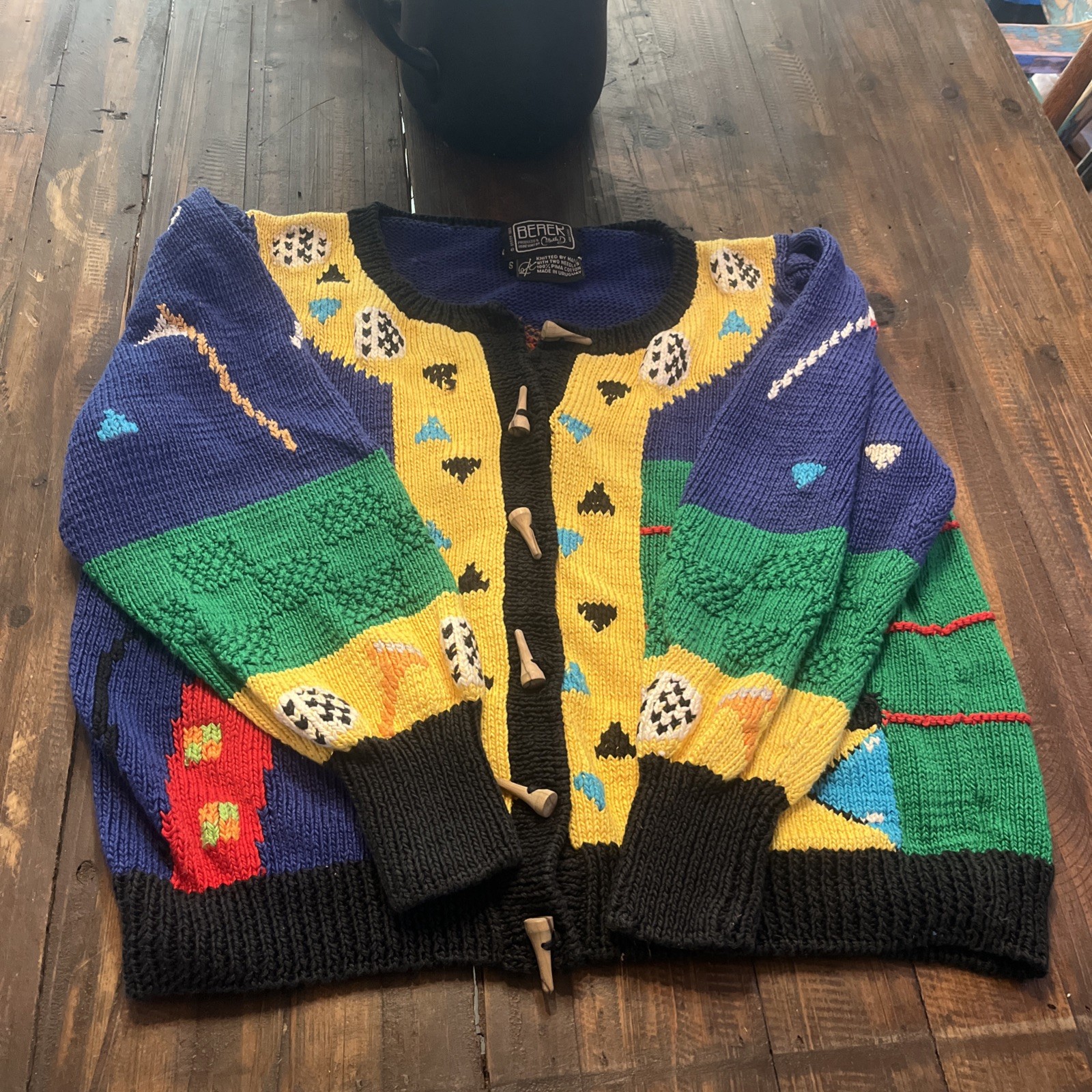 Rare Berek Vintage 1989 Multicolor Hand Knit Sweater Sz Small Golf theme Cute
