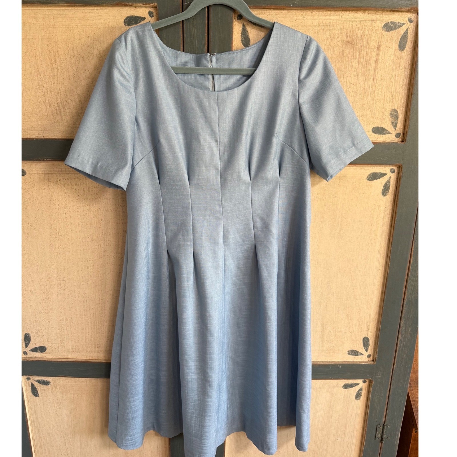Vintage Light Blue Short Sleeve Fit Flare Pleated Dress Scoop Neck MOD MCM