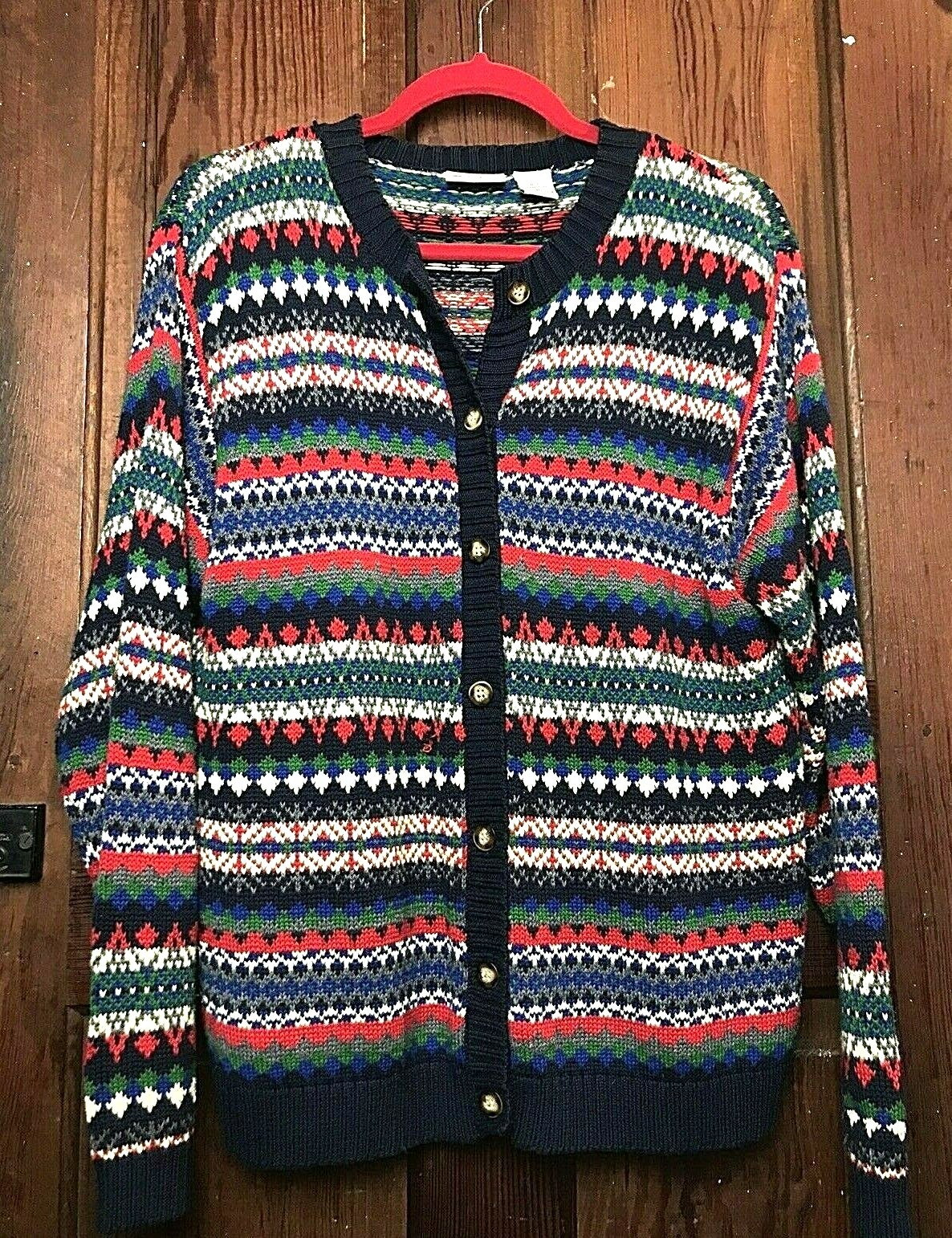 Winter Knit Cardigan Club Classics Sweater Sz XL 90s Cotton Vtg Grandma Core
