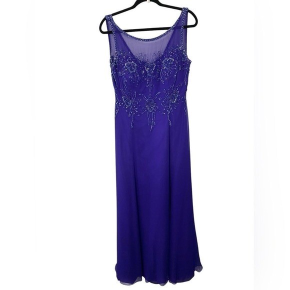 VTG Alyce Purple Silk Beaded Evening Gown Maxi Dress Size 16 M/L Romantic Fairy