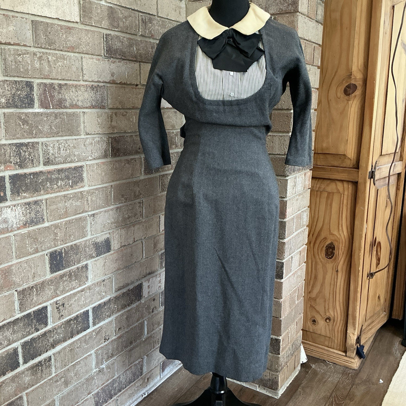 VINTAGE Youth Guild NY Dress Womens 13 Gray Wool Midi Peter Pan Collar Mod #20D3