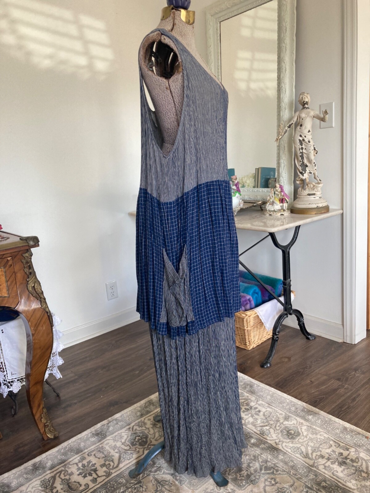 Vintage 1990s FLAPPER Blue KOKOON Lady Bug Pouch POCKET Dress Maxi M Jumper USA