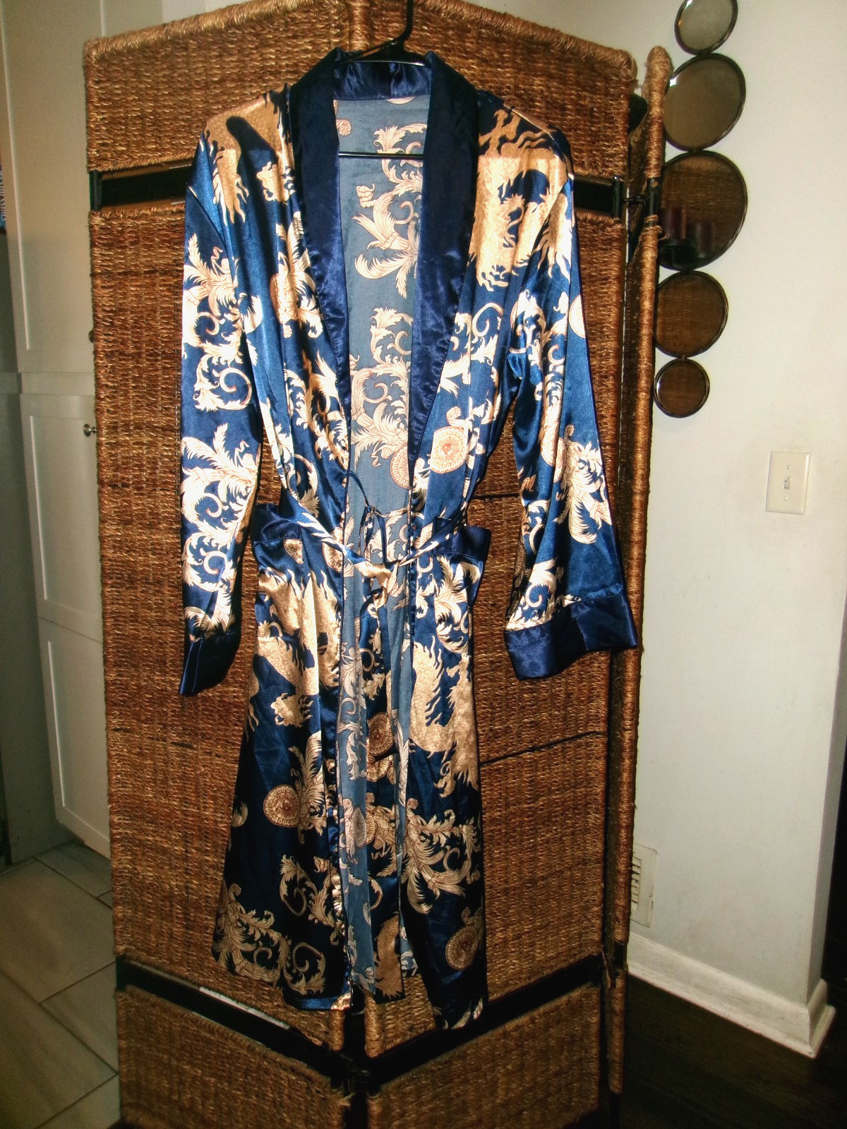 Kimono Blue Gold Dragon Print Mid Calf Belted Lounge Robe sz 40 Satin Look Soft